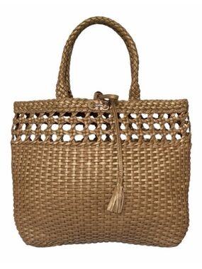 NEW Salvatore Ferragamo Metallic Bronze Large Woven Leather Gancini Tote Bag